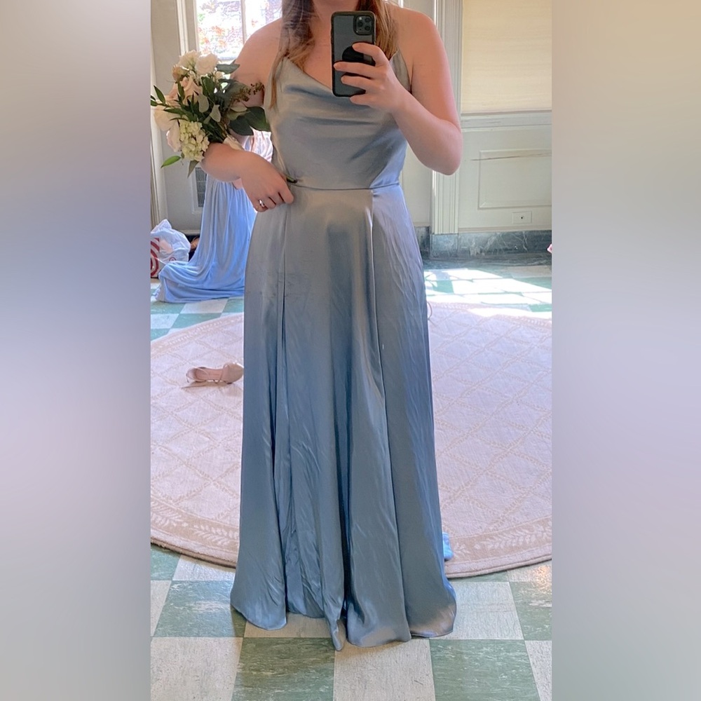 David’s Bridal Dusty Blue Charmeuse Corset Cowl Neck Bridesmaid Dress Size 8